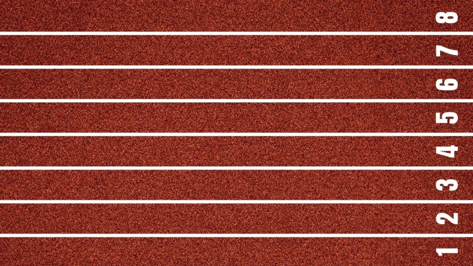 A running track photographed from directly above, its eight numbered lanes running in parallel.