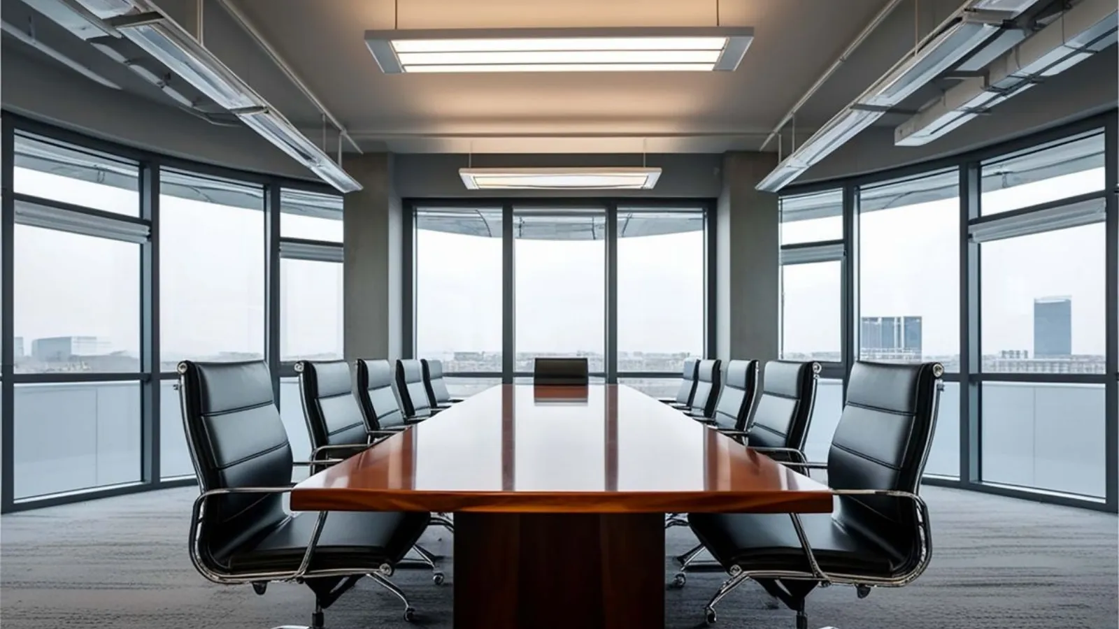 An empty meeting room with a long table, chairs pushed in, and a blank whiteboard on the far wall.