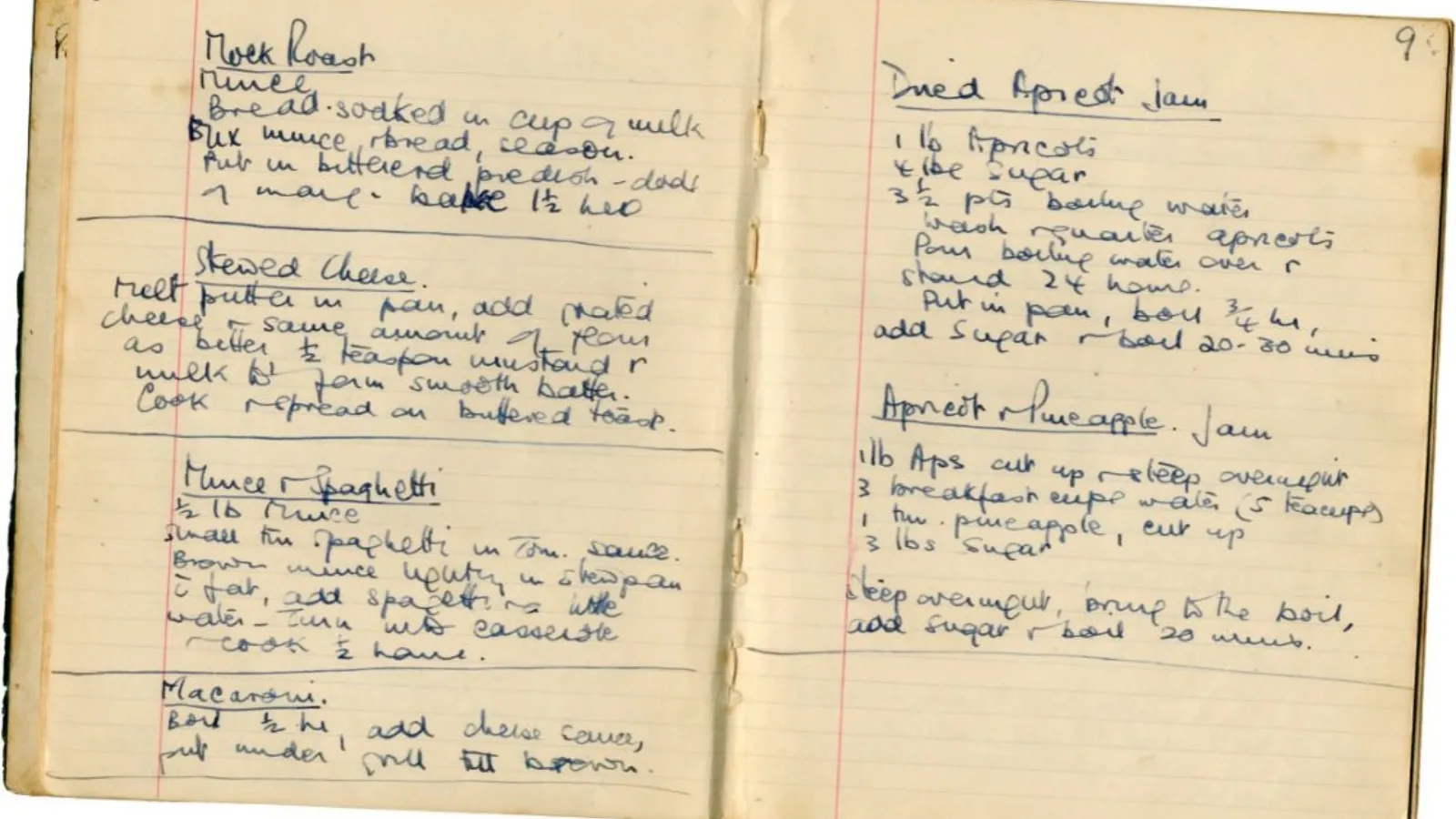 An old notebook open at two pages of handwritten recipes in ink on lined paper.